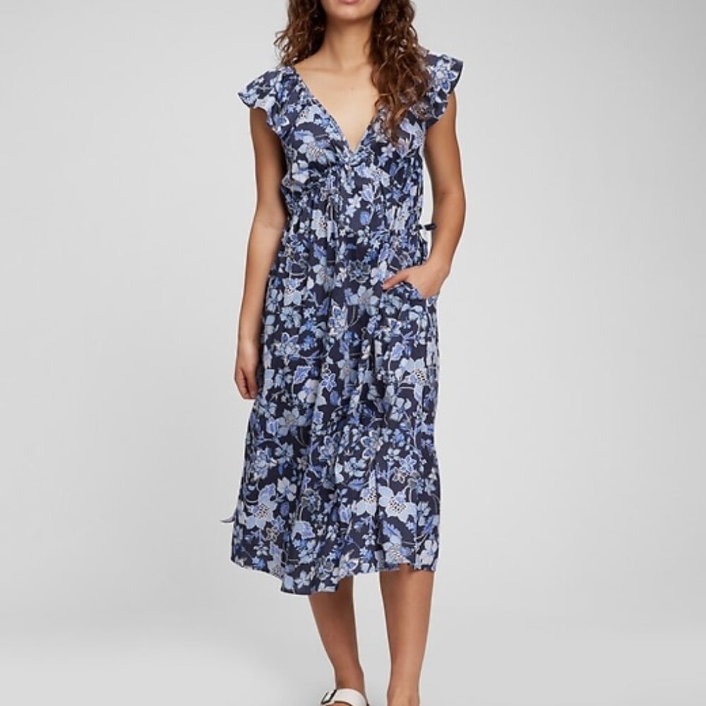 Gap  Women Flutter Sleeve Midi Dress Blue Floral XS